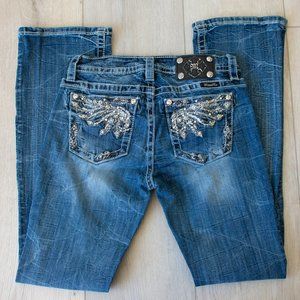 MISS ME Mid-Rise Bootcut Jeans Size 28 Embellished Angel Wings Rhinestones